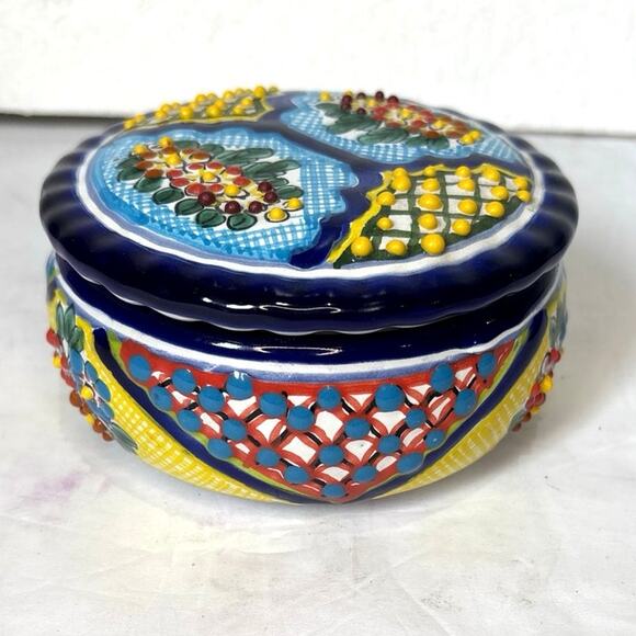 MEXICAN Talavera Lidded Trinket Box Clay Pottery Handmade Round Jewelry Holder - Picture 5 of 5
